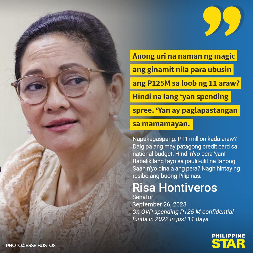 PhilippineStar's tweet photo. 'SAAN N'YO DINALA ANG PERA?'

Senator Risa Hontiveros criticized Vice President Sara Duterte's spending of P125-million confidential funds in just 11 days last year. https://t.co/2bmTMBwFL9