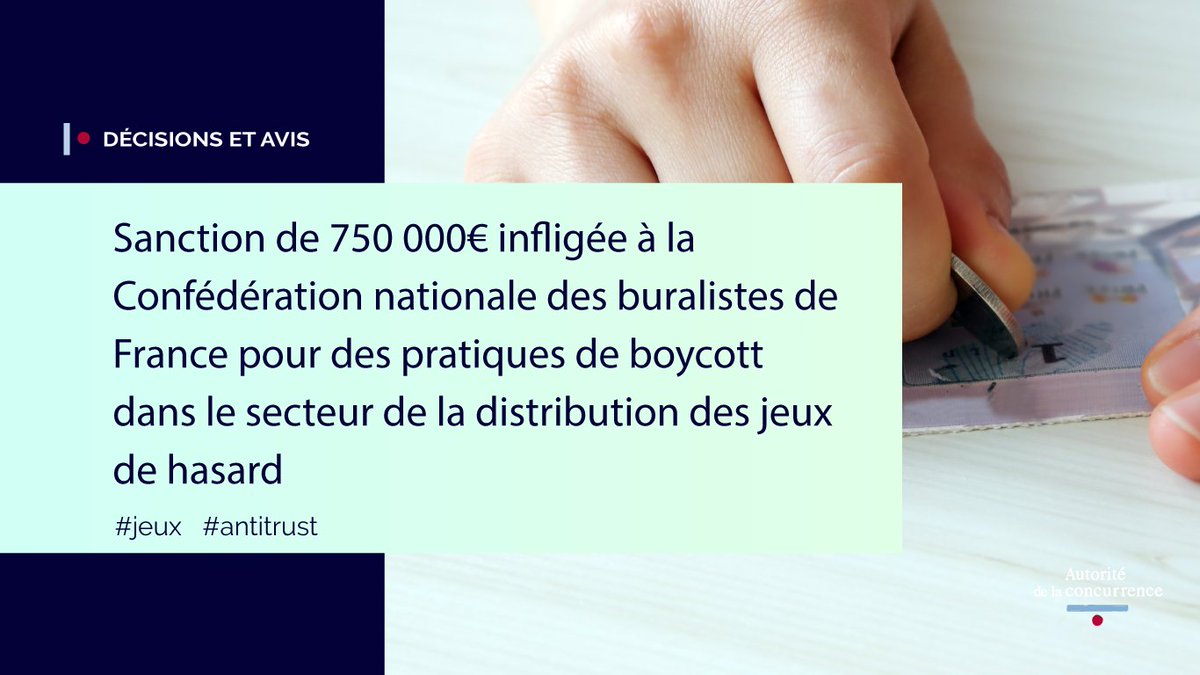 Autorité de la Concurrence (@adlc_) on Twitter photo L’Autorité prononce une sanction de 750 000 € à l'encontre de la CNBF <a href="/LesBuralistes/">Les Buralistes</a> pour avoir organisé des pratiques de boycott visant à faire obstacle à la distribution de jeux de la @FDJ par le réseau de fleuristes Florajet autoritedelaconcurrence.fr/fr/communiques… #adlc L’Autorité prononce une sanction de 750 000 € à l'encontre de la CNBF <a href="/LesBuralistes/">Les Buralistes</a> pour avoir organisé des pratiques de boycott visant à faire obstacle à la distribution de jeux de la @FDJ par le réseau de fleuristes Florajet autoritedelaconcurrence.fr/fr/communiques… #adlc