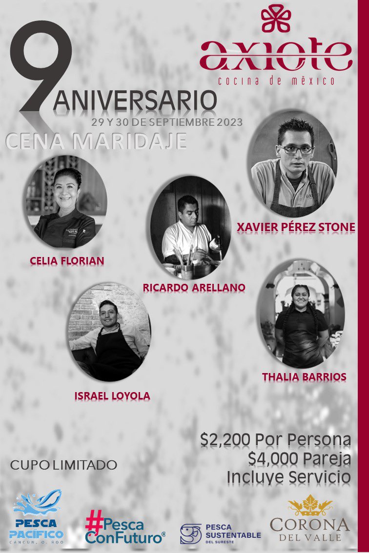 Ven a disfrutar con nosotros y estos maravillosos chefs una cena increíble para celebrar nuestro 9no aniversario.

29 o 30 de septiembre

$2,200 persona 
$4,000 pareja

Reservación 9848031727