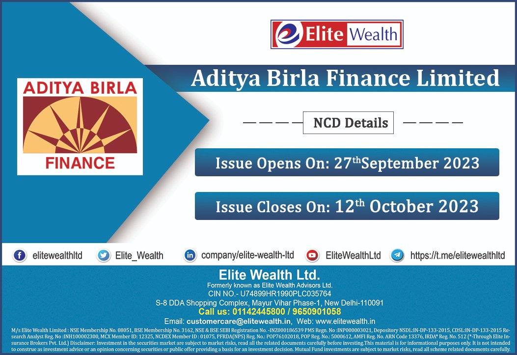 Aditya Birla Finance NCD starts from Thursday, 21st September 2023  to Friday, 6th October 2023

For more details visit our website: elitewealth.in/aditya-birla-f…

#adityabirlafinancencd #adityabirlafinance #demataccount #tradingaccount #investors #Stocks #StockMarket #StocksToWatch