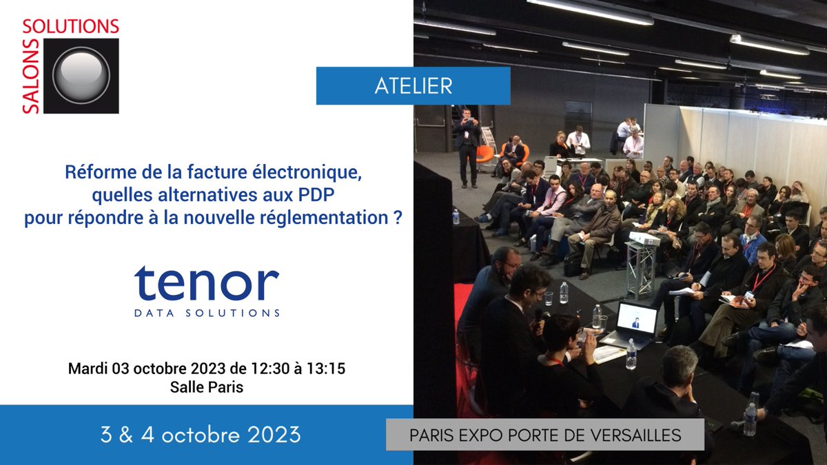 Tenor Data Solutions (@tenor_solutions) on Twitter photo Réforme de la facture électronique : vous voulez en savoir plus sur les différentes possibilités pour se connecter au PPF ?
Participez à l'atelier organisé par Tenor à <a href="/SalonsSolutions/">SalonsSolutions</a> !
Pour recevoir votre badge gratuit 👇
lnkd.in/dtKD_b2 Réforme de la facture électronique : vous voulez en savoir plus sur les différentes possibilités pour se connecter au PPF ?
Participez à l'atelier organisé par Tenor à <a href="/SalonsSolutions/">SalonsSolutions</a> !
Pour recevoir votre badge gratuit 👇
lnkd.in/dtKD_b2