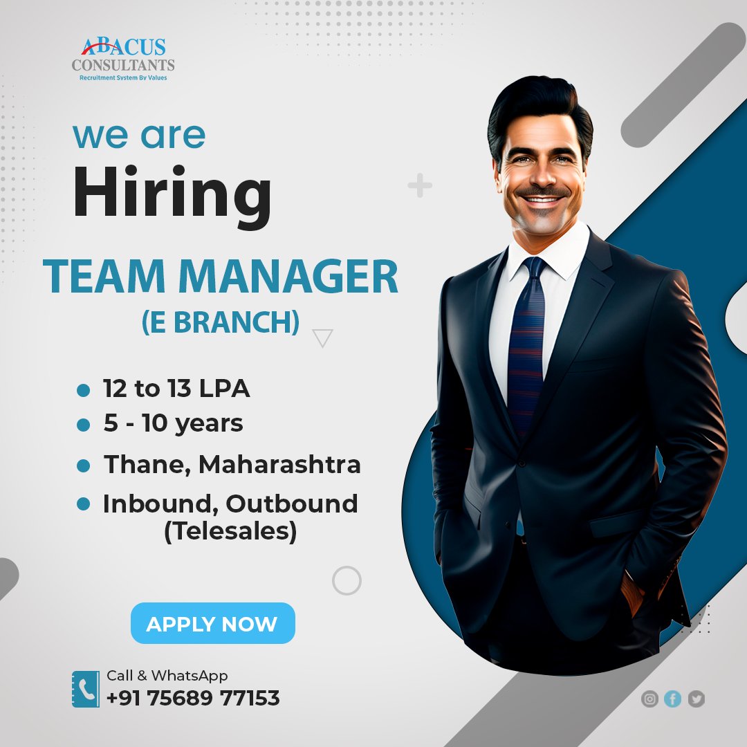 abacusconsultan's tweet photo. URGENT HIRING!!! 
Team Manager - E Branch - Turbo Cross Sell., Thane

Package: 12 - 13 LPA 
Experience: 5 - 10 Years 
Location: Thane
Education: Any Graduate

Apply here:- https://t.co/AWNzSppq5W
Note: the job will expire in the next 3 days

#job #bankingjobs #bankingcareers https://t.co/lPy4xGseO4