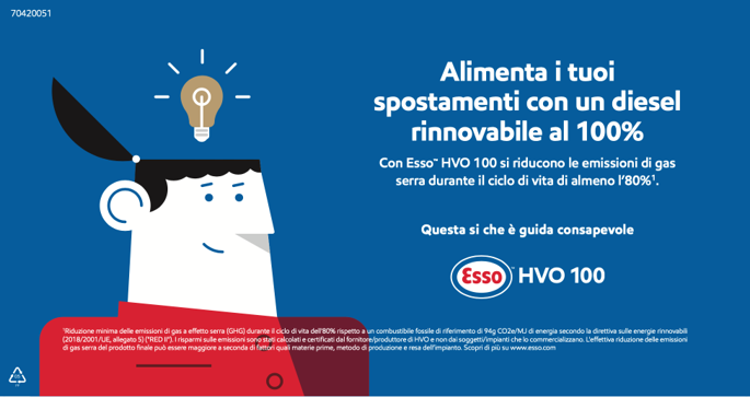 Esso™ HVO 100: il nuovo diesel 100% rinnovabile Esso è ora disponibile in Italia su selezionate stazioni a marchio Esso. Grazie a un additivo speciale Esso Synergy aiuta a proteggere gli iniettori dai depositi dannosi e il motore dalla corrosione. Visita: esso.com