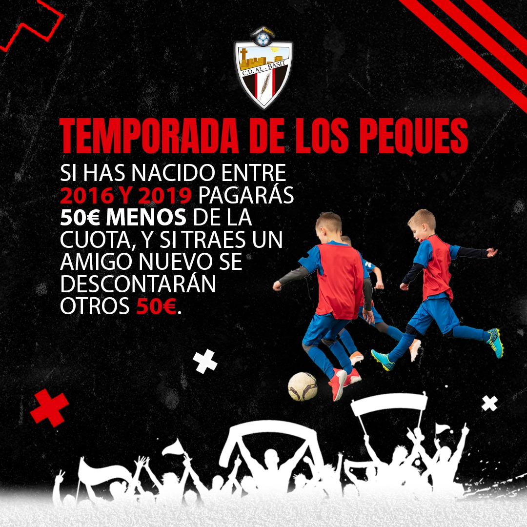 EscuelaAlBasit's tweet photo. 🌟¡Esta es la temporada de los peques!🌟
Si tu hijo nació entre 2016 y 2019 pagarás 50€ menos.
Pero si viene acompañado de un amigo de ahorras otros 50€.
🔥¡No te lo pierdas!🔥
⚫️⚪️⚫️ Crece, aprende y disfruta #CDALBASIT
#vamosalbasit ⚫️⚪️⚫️
•
#Albacete #temporada2324 https://t.co/klUx5tNJLh