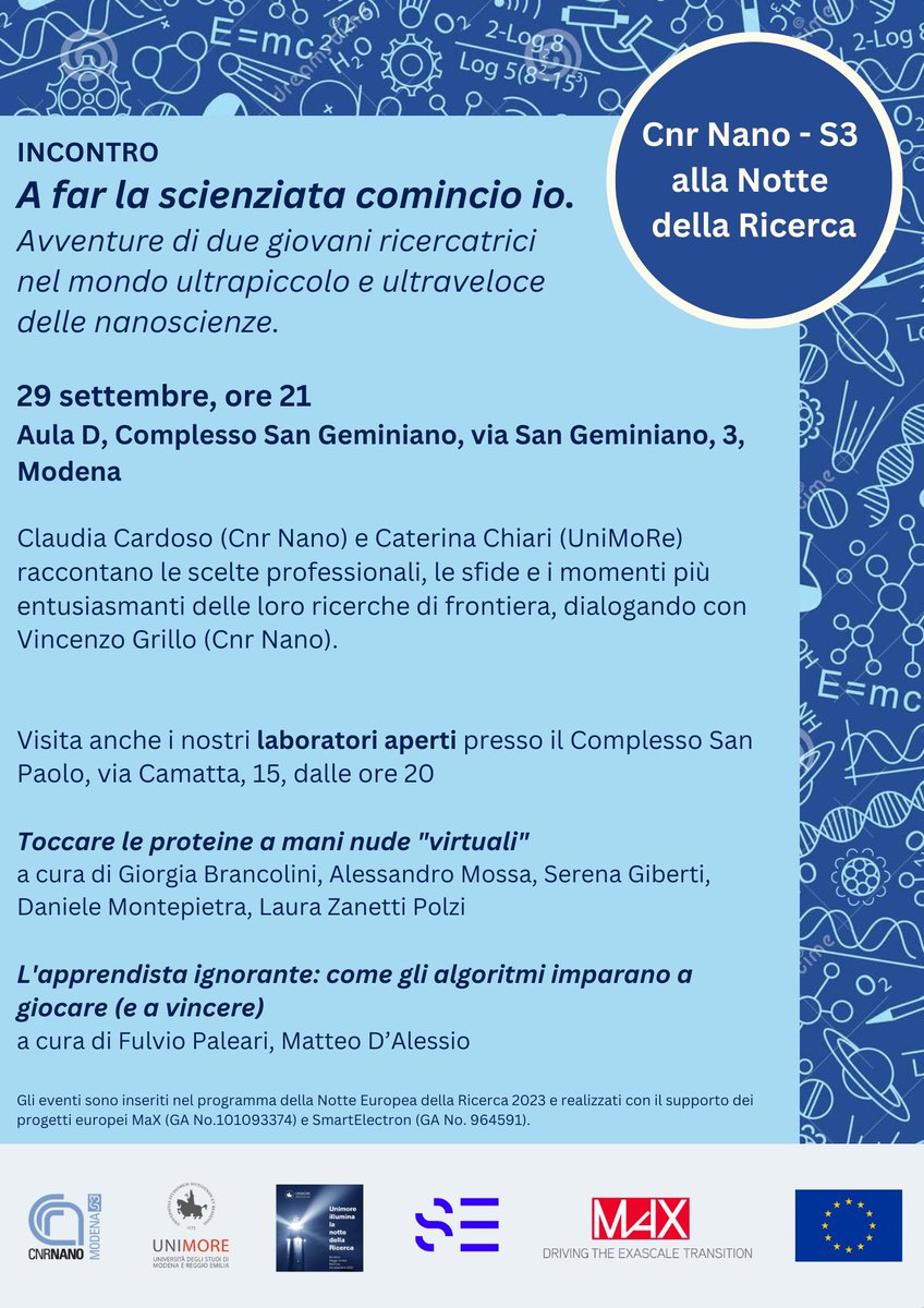 Cnr_Nano's tweet photo. โจLa #EuropeanResearchersNight si avvicina! Il 29 settembre @Cnr_Nano porta la scienza in piazza a #Modena:
๐ฉ๐ปโ๐ฌ Dialoghi sulle nanoscienze
๐ฅฝ Laboratori immersivi
๐ค Dimostrazioni di Machine learning
Scopri le nostre iniziative
https://t.co/PTLeIUUwQt
#NotteCnr @CNRsocial_ https://t.co/uBcE72Al4U