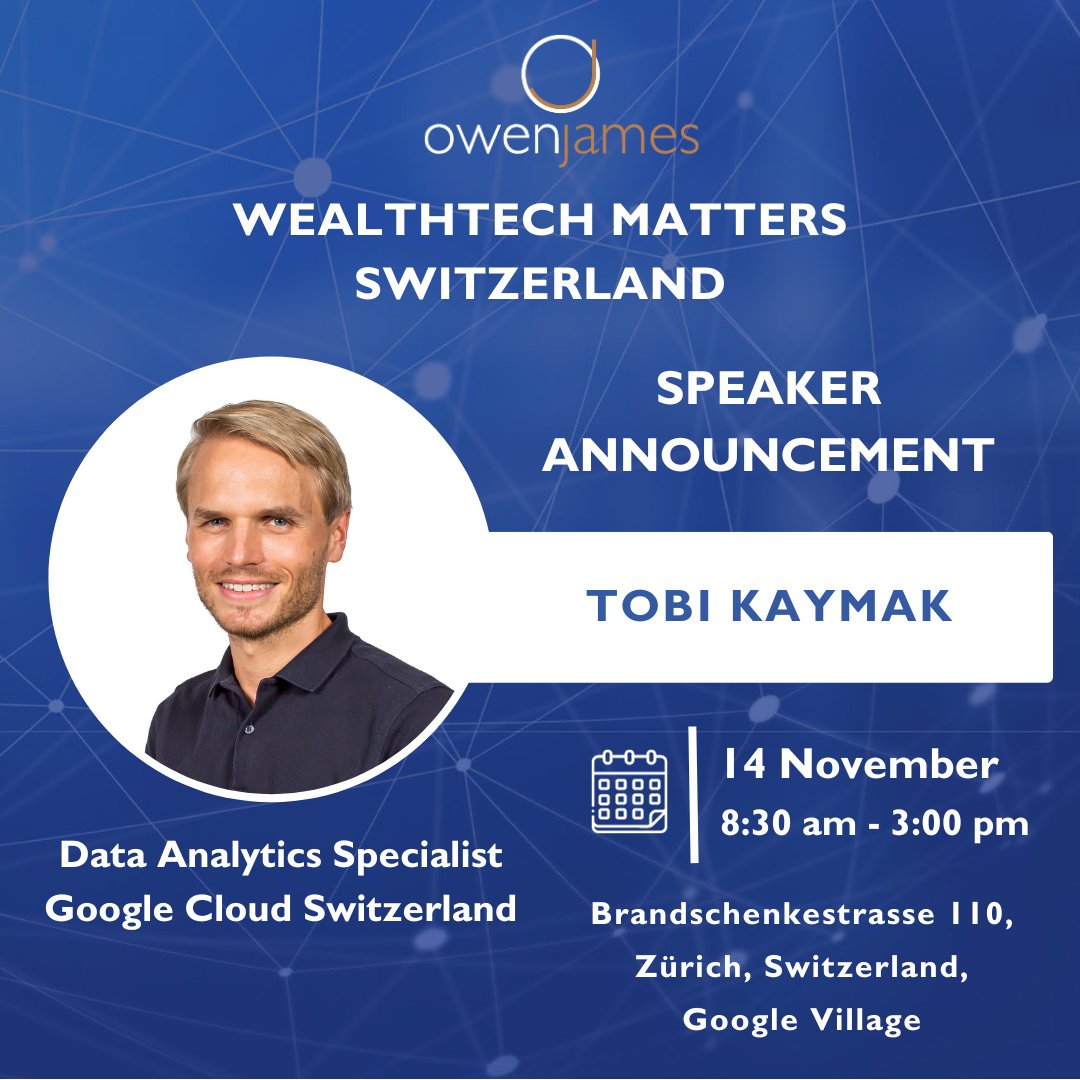 OwenJamesFS's tweet image. Join us on November 14th for WealthTech Matters Switzerland featuring @TobiKaymak, Data Analytics Specialist at Google Cloud Switzerland, as our keynote speaker. Special thanks to sponsors @Dorsum_Ltd and @InvestCloud. Register here: lnkd.in/egh_zfJJ #WealthTechMatters