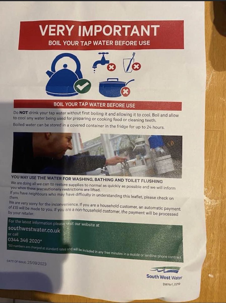linzeloo's tweet photo. @Feargal_Sharkey @SouthWestWater @sascampaigns 
Only a few properties have had this notice posted through their doors but apparently it affects postcodes TR4 TR3 and TR16
Apparently related to untreated water leaking into mains supply!
Big round of applause to South West Water!! https://t.co/UjaslW3Czx