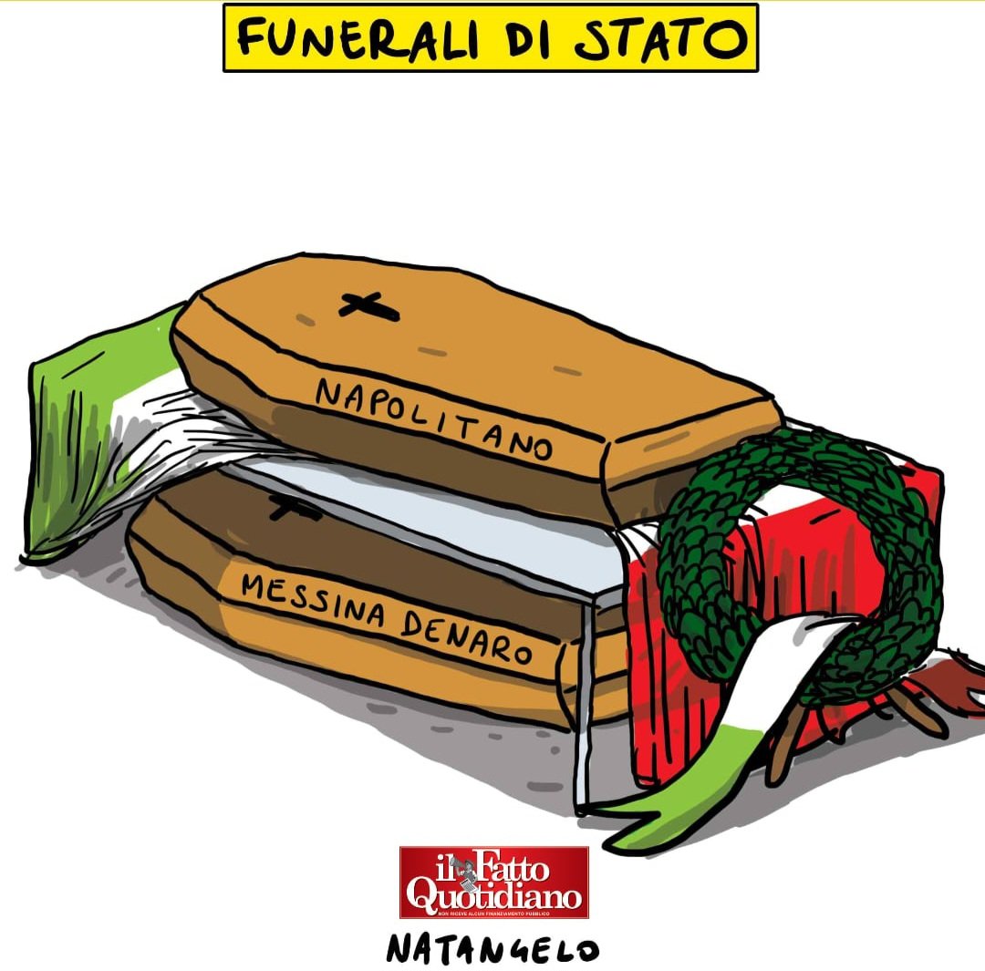 Funerali dello stato - la mia vignetta per la prima pagina de Il Fatto Quotidiano oggi in edicola! 

#Napolitano #giorgionapolitano #MatteoMessinaDenaro #funeralidistato #mafia @fattoquotidiano #vignetta #fumetto #memeitaliani #umorismo #satira #humor #natangelo