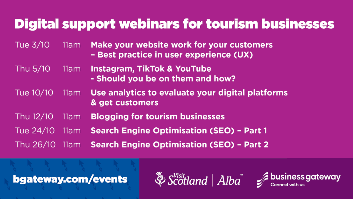 bgateway's tweet photo. Our #Digital webinar series with @visitscotland kicks off next week!

We'll cover website user experience (UX), social media, analytics, blogging &amp; search engine optimisation (SEO) - helping #Tourism businesses build their digital skills.

Sign up here ➡️ https://t.co/PBfYGF8J0H https://t.co/S0TpJBbuHe