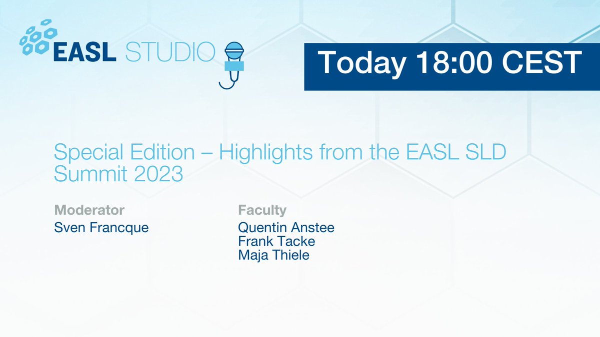 EASL Education (@easledu) on Twitter photo 📢 Don't miss the special edition of the #EASLStudio on the highlights from the EASL #SLDSummit 2023!
⏰Tonight @ 18:00 CET
📺easl.eu/easl-studio-ep…
🗣️<a href="/FrancqueSven/">Sven Francque</a> <a href="/QAnstee/">Quentin M. Anstee</a> <a href="/MajaThiele/">Maja Thiele</a> & Frank Tacke
<a href="/EASLnews/">EASLnews</a> #livertwitter 📢 Don't miss the special edition of the #EASLStudio on the highlights from the EASL #SLDSummit 2023!
⏰Tonight @ 18:00 CET
📺easl.eu/easl-studio-ep…
🗣️<a href="/FrancqueSven/">Sven Francque</a> <a href="/QAnstee/">Quentin M. Anstee</a> <a href="/MajaThiele/">Maja Thiele</a> & Frank Tacke
<a href="/EASLnews/">EASLnews</a> #livertwitter