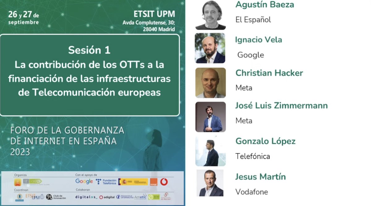 igfspain's tweet photo. Sesión 1. #IGFSpain2023  
Ignacio Vela @GoogleES
María Merino @orange_es
José Luis Zimmermann (@josezimmer)
@Meta
Jesus martín @vodafone_es
Gonzalo López Barajas @Telefonica
 Modera
@Agustin_Baeza https://t.co/ugrSoVWLmK