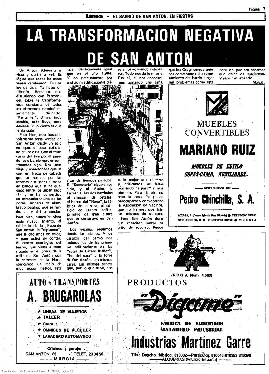 Promaine_SAnton's tweet photo. 🟠Somos embajadores orgullosos 🎖️del #BarrioDeSanAntón por lo que, entre nuestros cometidos, se encuentra luchar por un barrio mejor.

📜Os dejamos este artículo de enero de 1981 publicado en "Línea" que trata la necesidad de transformarlo.
¡Cómo ha cambiado!

📷 @ArchivodeMurcia https://t.co/rJjzicTMeh