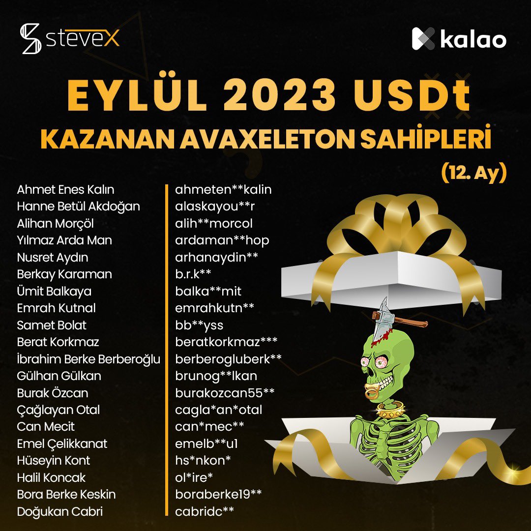 💀 20 ay boyunca, 20 #Avaxeleton sahibine floor price değerinde vereceğimiz #USDt / #Tether ödülünün 12. ay kazananlarını tebrik ederiz. 🎈🥳 💀 #Avaxeleton sahiplerinin tamamının kazanacağı ödülün, Eylül ayı kazananları ile mail yoluyla iletişime geçilecektir. 📨