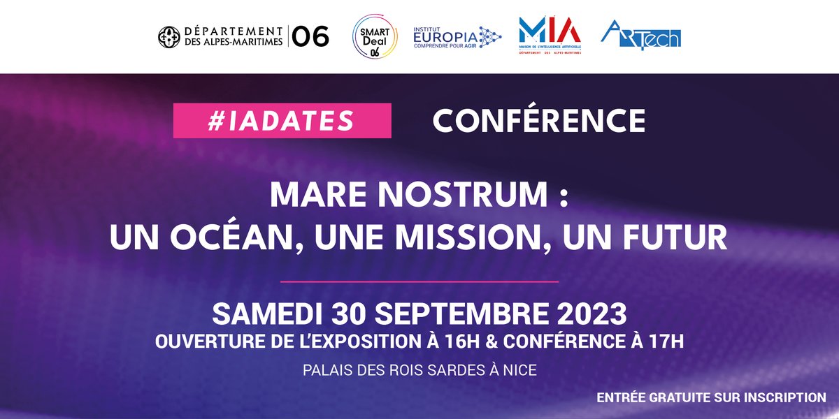 Maison_IA's tweet photo. 🌊 J-4 [#IADATE] «MARE NOSTRUM : un océan, une mission, un futur» autour de la biodiversité marine, de l'IA &amp; de l'art

📅samedi 30/09
📍Palais des RoIs Sardes #Nice
🕘16H : exposition
🕘17H : conférence

🎟️Gratuit sur inscription https://t.co/w1Rhq1ttKf
@alpesmaritimes @ieuropia https://t.co/RGpRkz1g4p