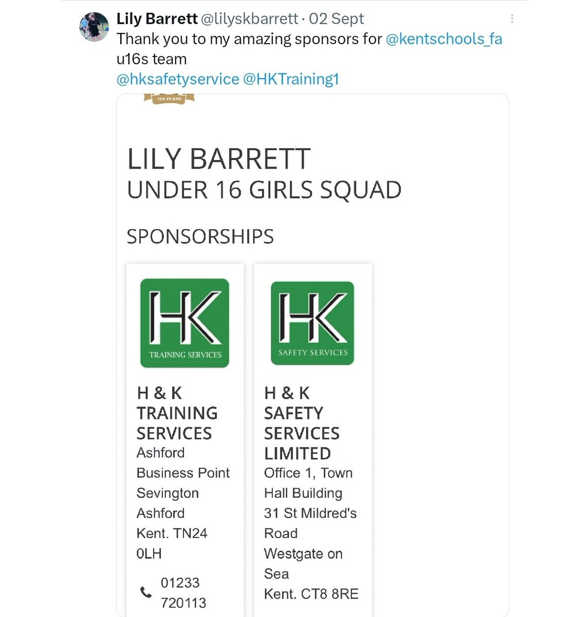 HKTraining1's tweet photo. Sponsoring Lily Barrett for u16s #localsponsor #girlsfootball ⚽️ https://t.co/qNcY6uiguj