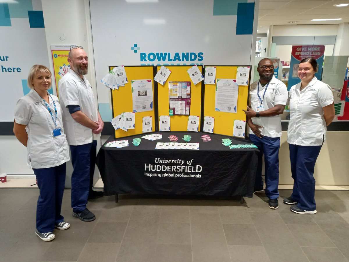Many thanks to the 8 MH nursing students from <a href="/Hud_HHS/">School of Human and Health Sciences</a> who are here <a href="/CHFTNHS/">Calderdale and Huddersfield NHS Foundation Trust</a> promoting health and wellbeing goal services to patients and visitors to HRI. Anyone can access free appointments to tailor a personal health and wellbeing plan shorturl.at/eknvD #getsetgoal