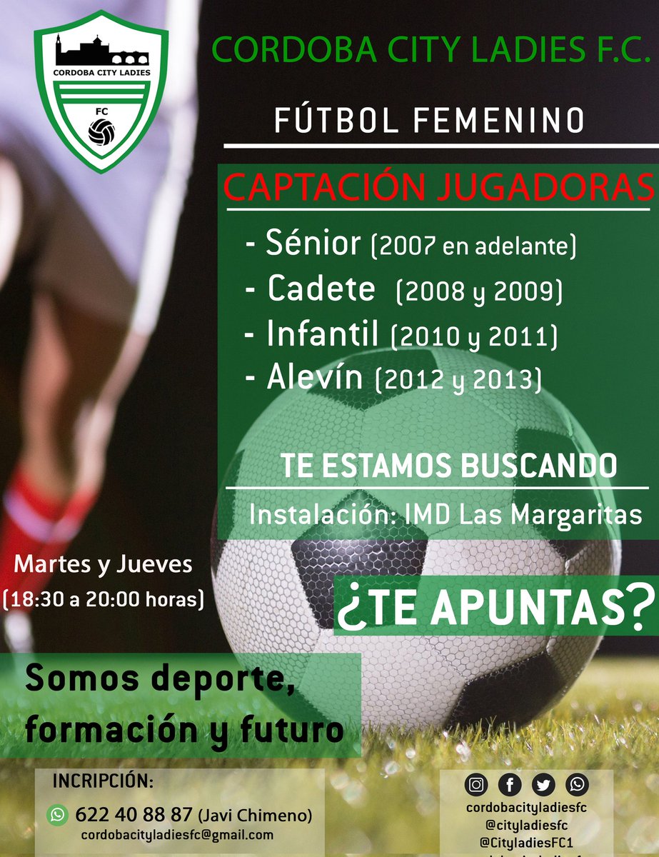 📢 Inicio entrenamientos y Captación 

🗓 Martes y Jueves
🕙 18:30 horas
🏟 IMD Las Margaritas

Somos City somos Ladies 💪⚽️⚽️

Inscripción:

Solicitar asistencia al ☎ de contacto señalado.