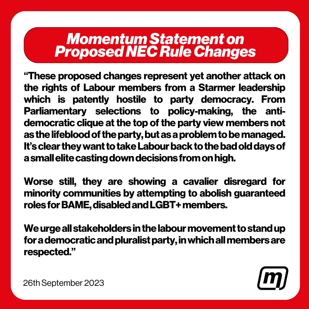 Statement on the anti-democratic rule changes put to Labour's NEC today 🔽 It would be a huge step back to abolish guaranteed equality roles on CLP executives. And moves to restrict democratic policymaking are an insult to members from a top-down Leadership scared of debate.