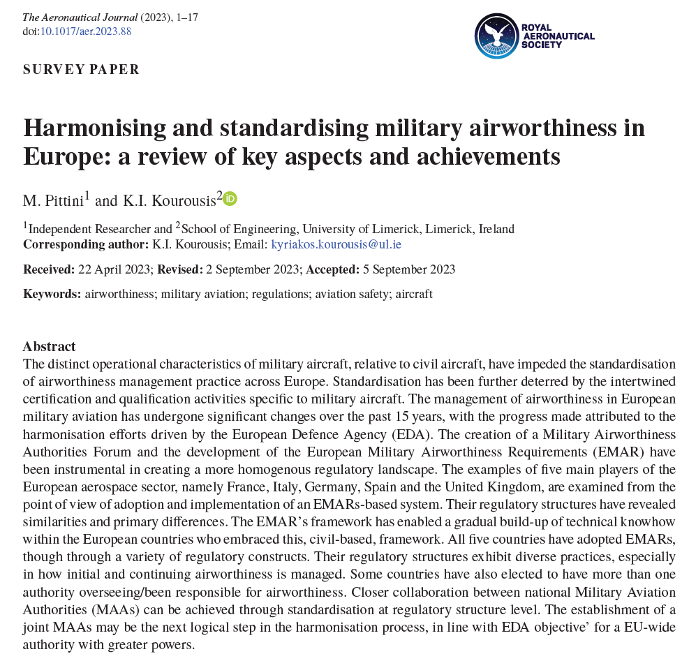 Harmonising and standardising military airworthiness in Europe: a review of key aspects and achievements | @AeroSociety The Aeronautical Journal | @CUP_SciEng  Cambridge Core - bit.ly/3rjrwPX 

#airworthiness #military #aviation #eda
