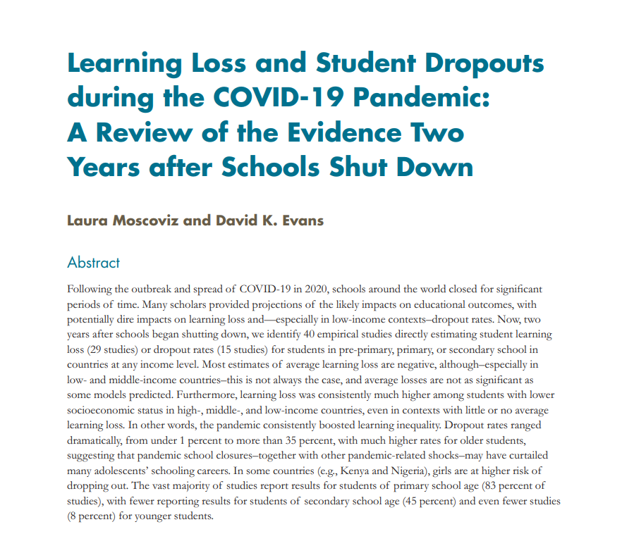 DaveEvansPhD's tweet photo. 100 citations! 

"Learning Loss and Student Dropouts during the COVID-19 Pandemic: A Review of the Evidence Two Years after Schools Shut Down" https://t.co/mA4aFnhOQY by @LHMosco &amp; me https://t.co/67R1YCrYrl