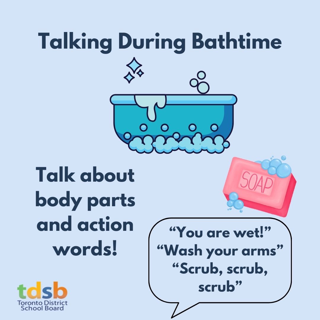 TDSB_SLP's tweet photo. Children learn language through interactions with their world. Help your child learn new words and concepts by talking about them during daily activities such as 🍲mealtime, 🛁 bathtime, and 👚dressing. https://t.co/T1nh2nVJSN