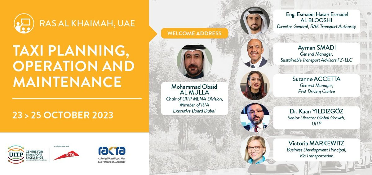 Don’t miss the #UITPAcademy training in the UAE 🇦🇪 on ‘Taxi Planning, Operation and Maintenance’ 🚕 🚖

➡️ Expand your knowledge on the regulation and operation of taxi transport
➡️ Master the technical terminology used in the planning and operations of the sector
➡️ Develop an
