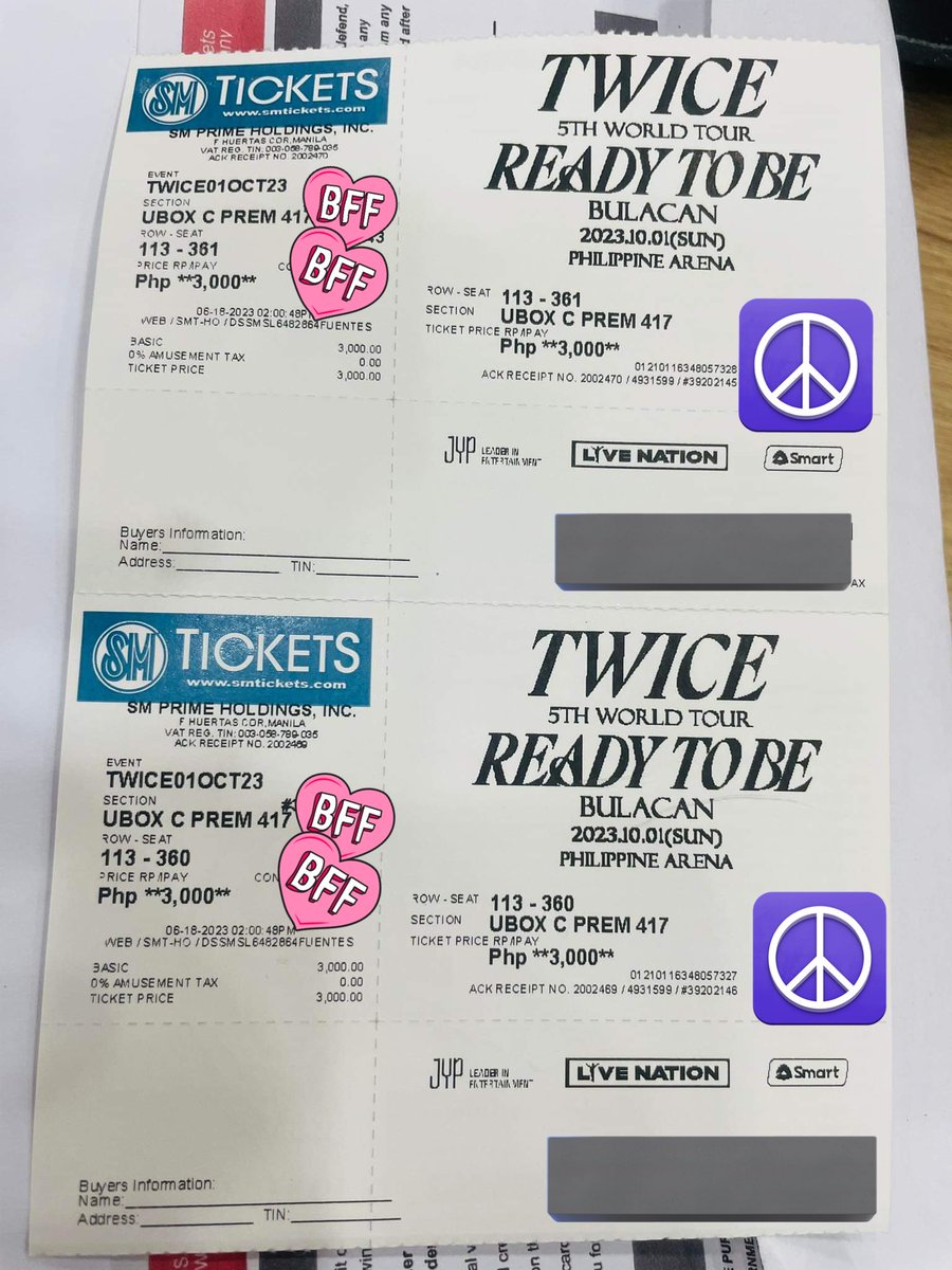 pshc4rtz's tweet photo. WTS LFB TWICE 5TH WORLD TOUR READY TO BE UBC PREMIUM 

— DAY 2 TICKETS. prio getting both but can tingi
— can meet up around mm :> 
— 3,000 PESOS!!!! 

reply or dm if interested https://t.co/qbUd6fqLin