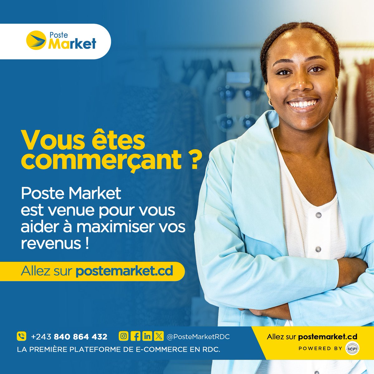 Postemarket_rdc's tweet image. Vous êtes commerçant ?

Poste Market 🇨🇩 est venue pour vous aider à maximiser vos revenus !

Pour devenir marchand sur Poste Market, rendez-vous dès maintenant à 📍 l&apos;hôtel de Poste au 1009, Boulevard du 30 Juin, Kinshasa - Gombe.

#PosteMarket🇨🇩 #Ecommerce #SCPT
