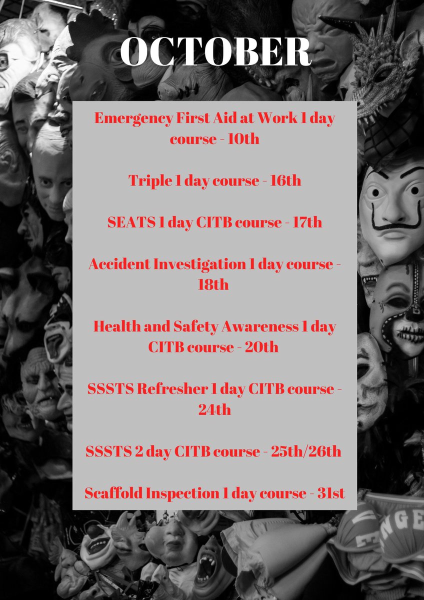 HKTraining1's tweet photo. October's courses,
We have some scarily low prices. Contact us on 01233 720113 or email hayley.ford@hktrainingservices.co.uk to find out more #octobercourses #2023 #Construction #discounts #contactus https://t.co/4J9ectqnJn