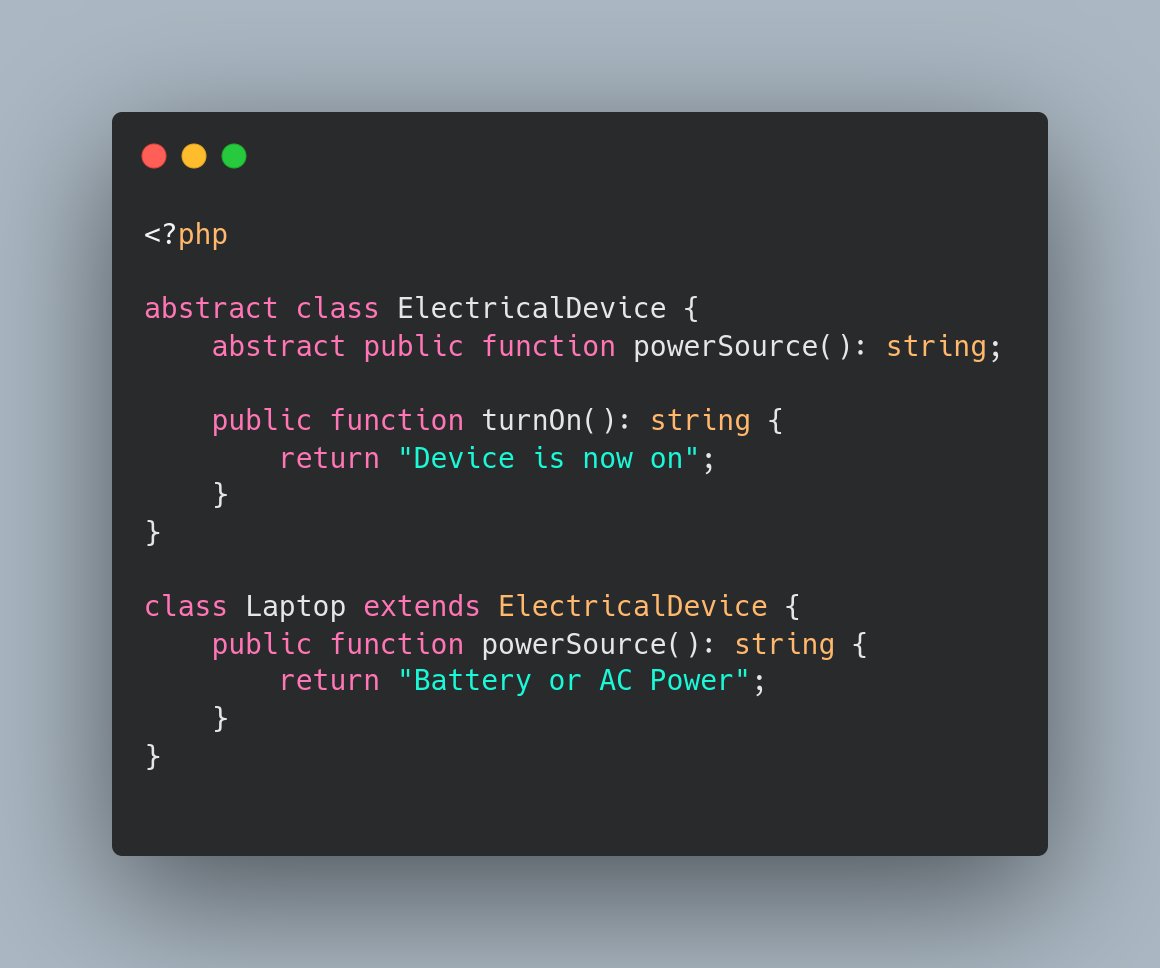 webulent's tweet photo. Abstract classes can contain concrete methods too! These methods can have their own implementation and can be overridden. #PHP #Coding https://t.co/vtD7pGwCHf