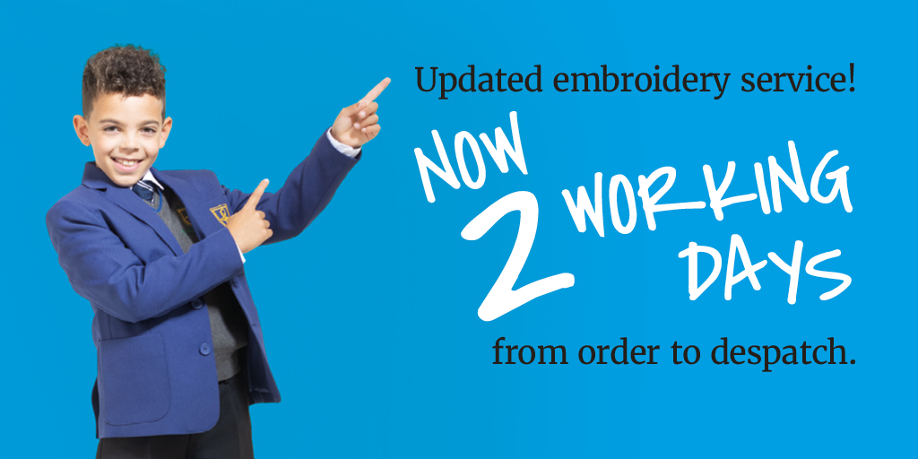 An exciting announcement! From 1 October, our standard embroidery lead time for approved designs is 2 working days! #customersfirst #CustomerExperience #schoolwear #schooluniform #bcorp #employeeowned