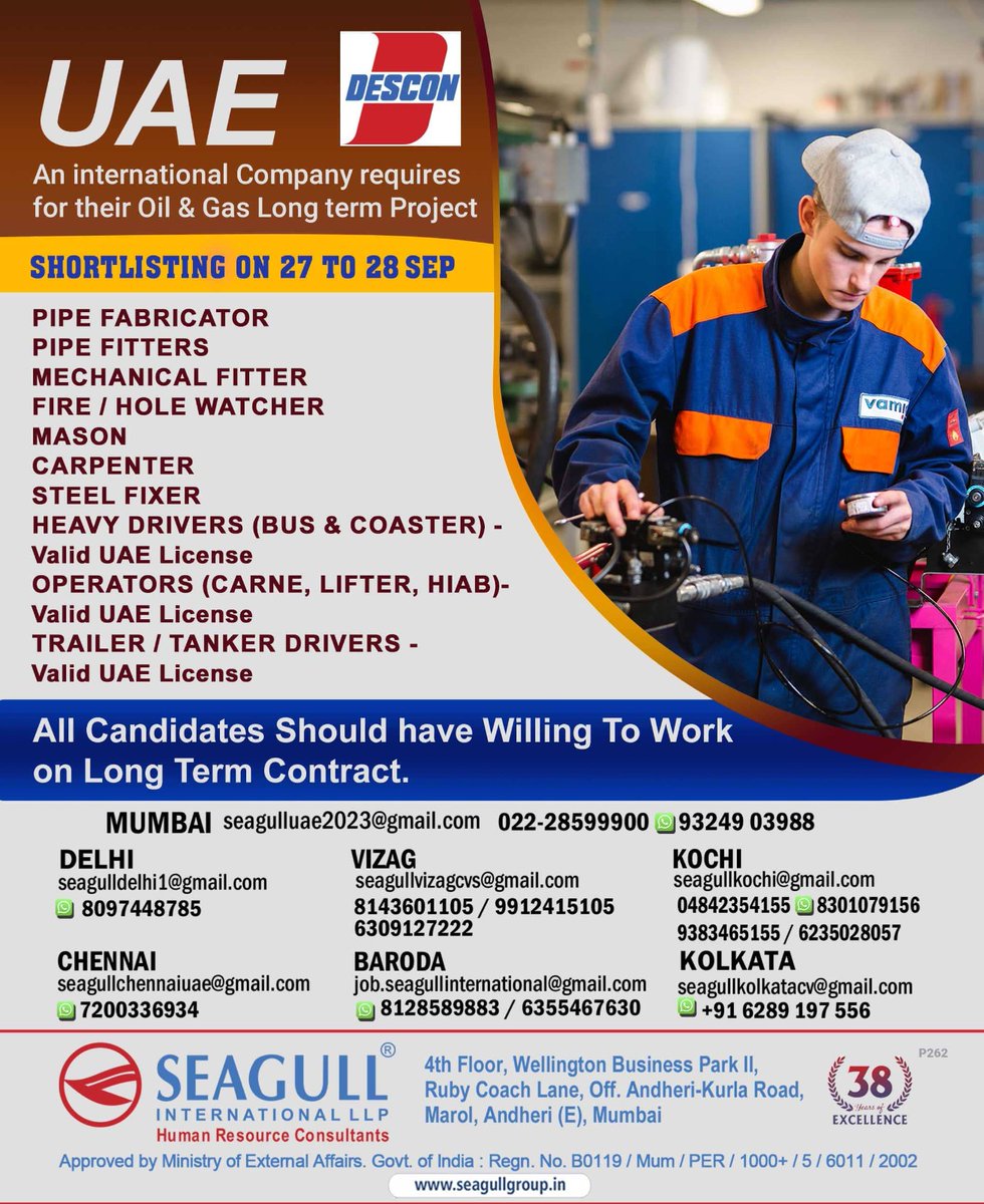 hrd1_seagull's tweet photo. 🇦🇪Uae Jobs
‼️Long Term Project
🗓️Shortlisting On 27th & 28th September
📍Location- Mumbai , Delhi , Vizag , Kochi , Chennai , Baroda , Kolkata
.
.
.
#uaejobs #seagull #barodajobs #kolkatajobs #pipefabricator #pipefitter #mason #carpenter #steelfixer #operators #tankdrivers https://t.co/G16LK25VRg