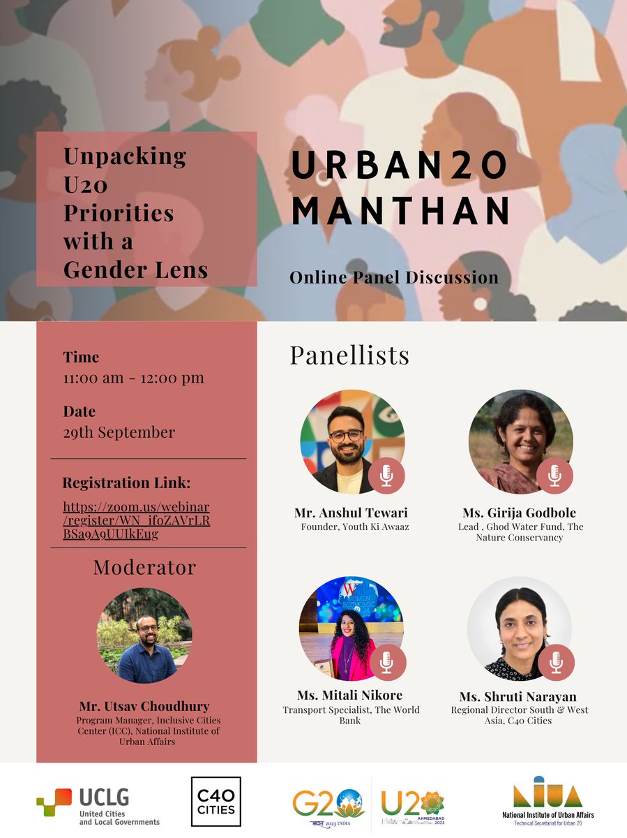 #HappeningSoon! 🌍✨ Get ready to dive into the #U20 Priorities through a #GenderLens. Join us for the next U20 Mathan on September 29th, from 11-12pm. Register in advace at 🔗zoom.us/webinar/regist… #G20India #U20Ahmedabad