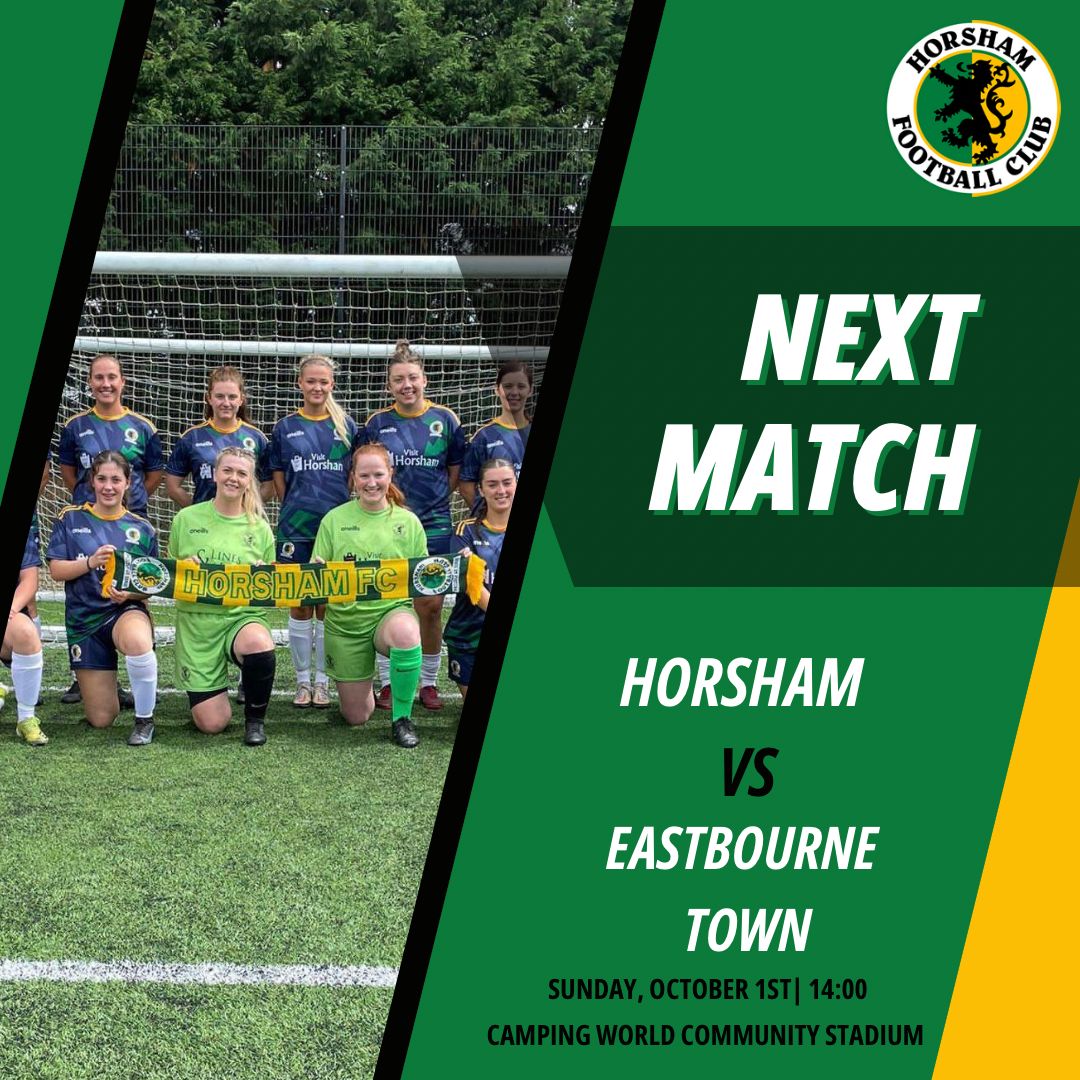 HorshamFCWomen's tweet photo. It's the @SCWGFL leaders on Sunday for @HorshamFCWomen 

Hope to see you there! 💚💛 

🆚 @ETFCWomen 
📅 Sun 01 Oct 2023
📍 Camping World Community Stadium
⏰ 2pm kick-off
🎟️ Free Entry
🚗 Horsham Park &amp; Ride, RH13 0AR https://t.co/FaTsUzUKkb