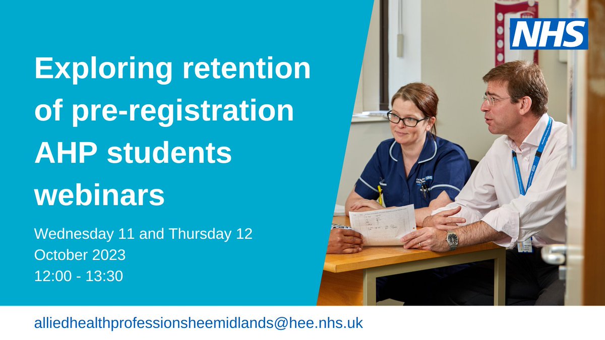 Midlands AHPs (@midlandsahps) on Twitter photo Looking forward to hear about the great work going on for AHPs in the Midlands to support students to remain on programme.
For more information, email england.ahpsmidswte@nhs.net Looking forward to hear about the great work going on for AHPs in the Midlands to support students to remain on programme.
For more information, email england.ahpsmidswte@nhs.net