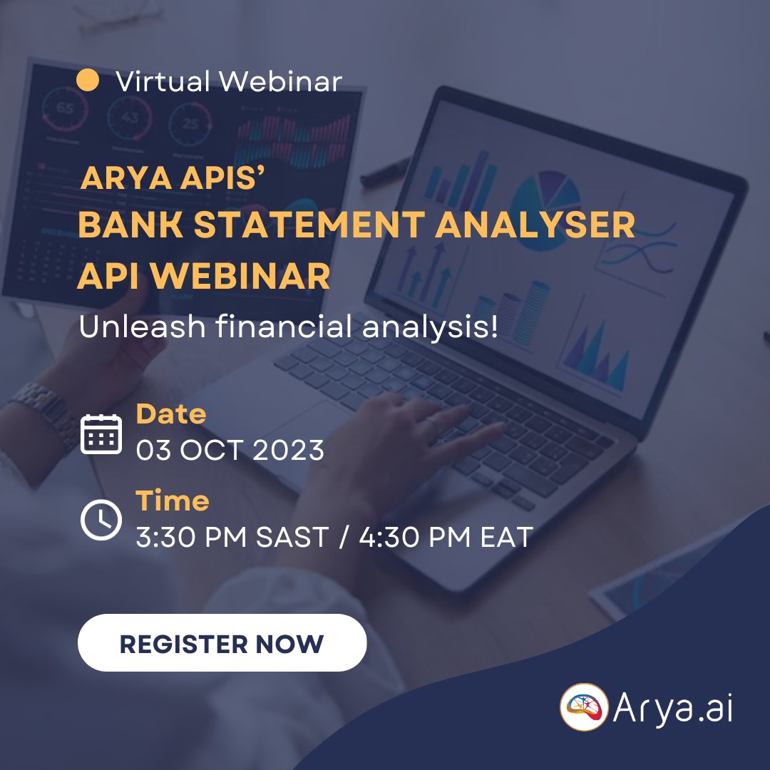 apis_arya's tweet photo. Join our insightful webinar where we'll showcase how Arya APIs' Bank Statement Analyzer can revolutionise your financial analysis process.
Reserve your spot now: https://t.co/e9BdDRUnoi

#financialanalysis #banking #finance #webinar https://t.co/tkONkSEkLV