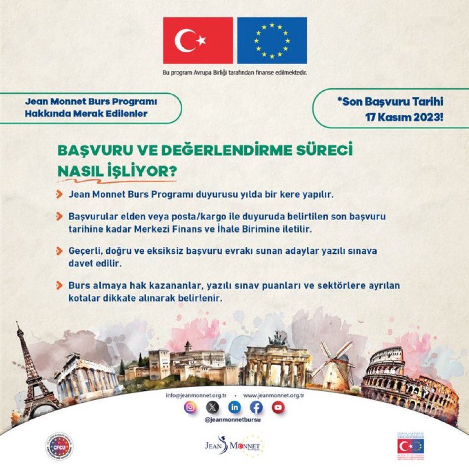 Jean Monnet Burs Programı 2024- 2025 Akademik Yılı başvuruları başladı! Ayrıntılı bilgi için: 👇 ab.gov.tr jeanmonnet.org.tr 🗓️Son başvuru tarihi: 17 Kasım 2023