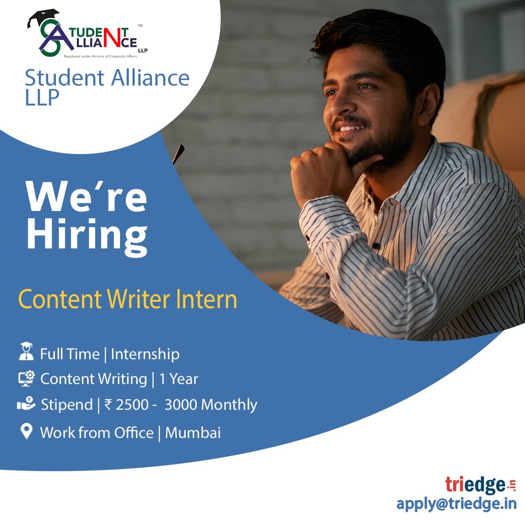 Student Alliance LLP are providing internship opportunities for the role of content writer. Apply with your resume at  apply@triedge.in
#contentwriter #digtalmarketing #marketing #promotion