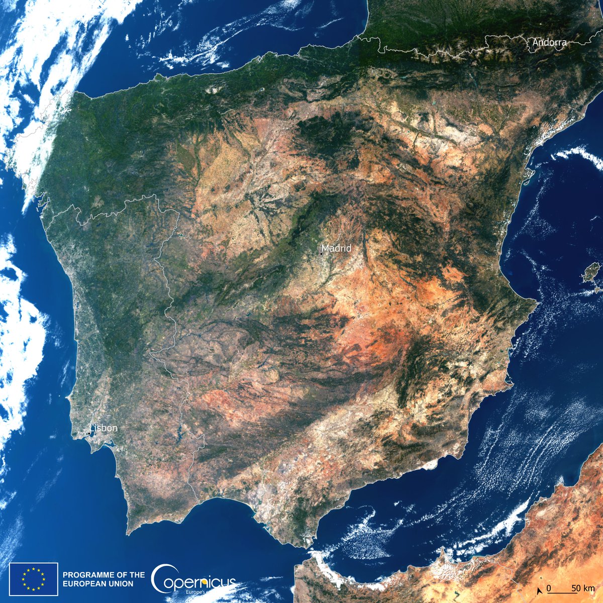 ¡Hola #España! 🇪🇸  ¿Todo bien?
Olá #Portugal! 🇵🇹 Tudo bem?
¡Hola #Andorra! 🇦🇩 ¿Tot bé?

⬇️On 25 September, #Copernicus #Sentinel3🇪🇺🛰️ acquired this stunning image of the Iberian Peninsula from an altitude of 814.5 km