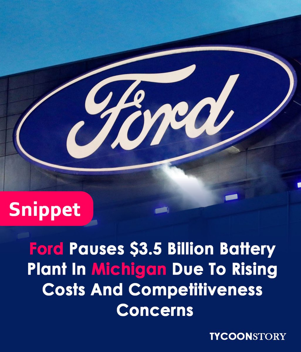TycoonStoryCo's tweet photo. Ford pauses $3.5 billion Michigan battery plant amid rising costs and competitiveness concerns
#batteryplant #lawmakers #AutoWorkers #taxcredits  #batterymaker #EVs #Innovations #electrification #automotive #business #Ford #EconomicNews #BusinessUpdate #Michigan @Ford https://t.co/hnanTwYvSl
