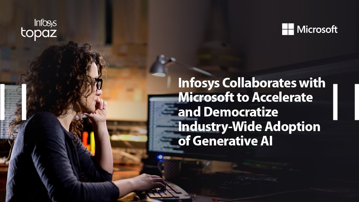 Infosys's tweet photo. We are delighted to announce that @Microsoft and Infosys are collaborating to help enterprises take an AI-first approach to scale next-generation AI solutions to enable business transformation. Read More! https://t.co/IFxa4vONXR #InfosysTopaz #generativeAI @msPartner @nicoledezen https://t.co/9Keqi3VYiN