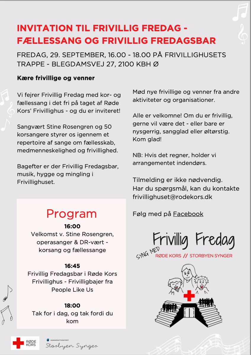 Som opvarmning til <a href="/danskrodekors/">Røde Kors</a> indsamlingen på søndag - inviterer vi - sammen med Storbyen synger - til fællessang og fredagsbar på vores fantastiske fælles-trappe ved Røde Kors frivillighus. Kom forbi og fejr frivilligheden. #frivilligfredag