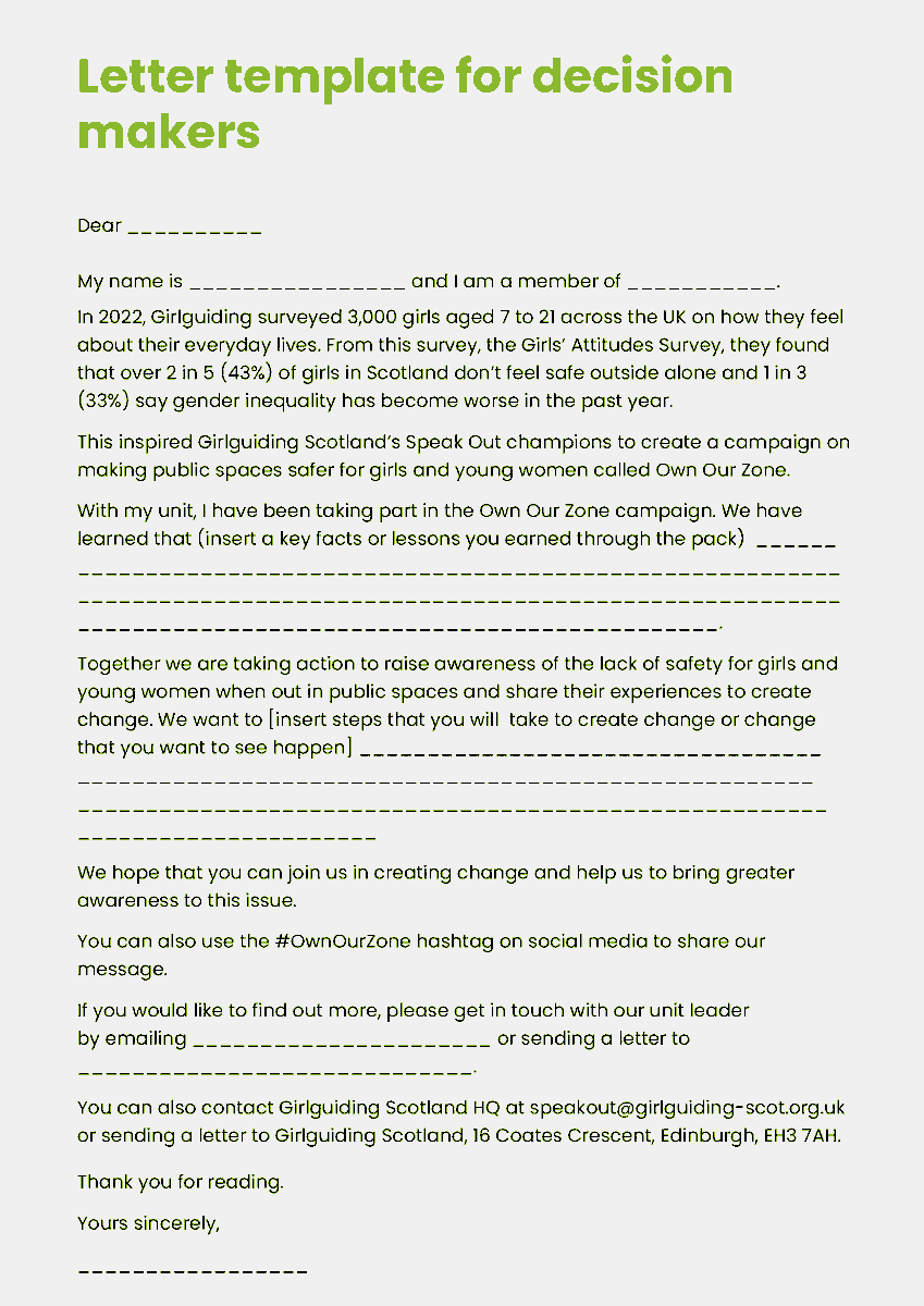 Join our #OwnOurZone campaign and write to your decision makers to raise awareness of the lack of safety for girls and young women when out in public spaces. Download our letter template to share what changes you would like to see in your local area 👇
girlguidingscotland.org.uk/wp-content/upl…