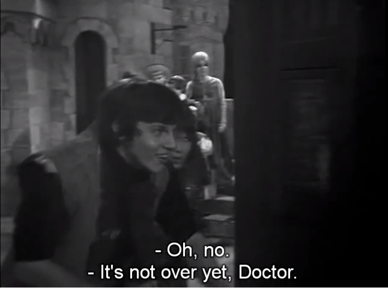 DWUDatabase's tweet photo. Jamie and Zoe get turned into fiction fairly early on in the episode and get to play everything from acting traditionally hypnotised to pretending to be normal to acting like evil school children "Where do we go from here?" #DoctorWho #MindRobber https://t.co/FfyopvWBoT