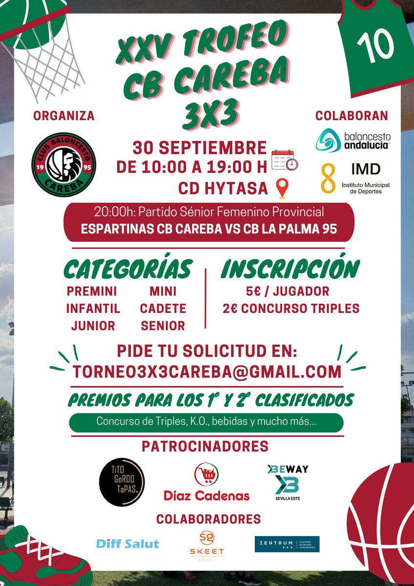 CBCareba's tweet photo. Empezamos la temporada como siempre con nuestro Torneo Trofeo CB Careba, en esta edición en formato 3x3 para todos los públicos!

📅 Fecha: 30 SEPTIEMBRE a las 10:00.
🚩 Lugar: Centro Deportivo Hytasa

Inscripciones abiertas hasta el día 27 de SEPTIEMBRE a las 21:00. https://t.co/dkfX3daZTO