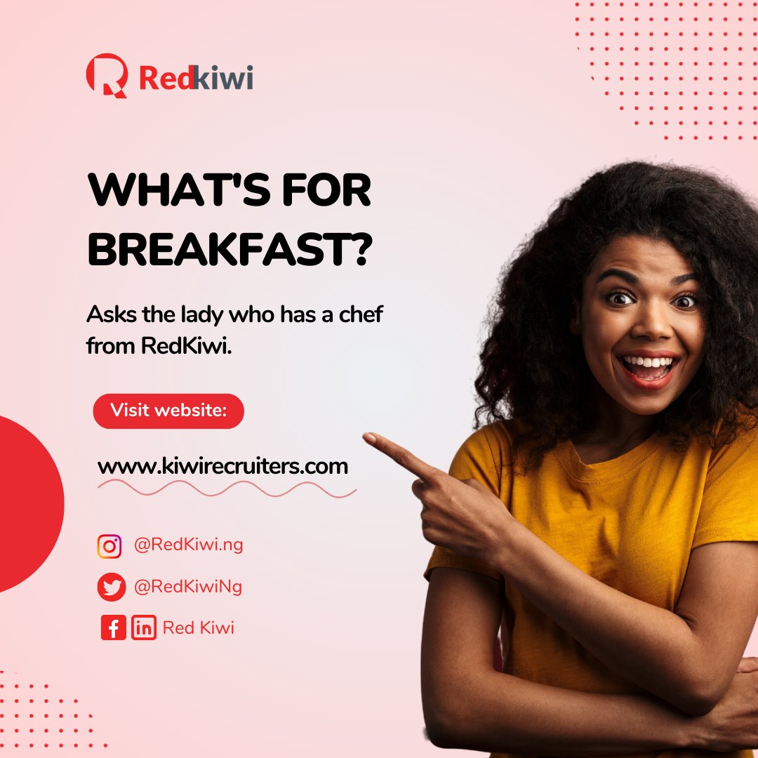 RedKiwiNg's tweet photo. Breakfast in bed, breakfast at 8... Whenever you want it, our chefs can have it ready.
Send us a DM now or visit our website to get a chef.๐
#Recruitmentagencyinlagos #recruiter #chefsinlagos https://t.co/xYHLjA8lvP