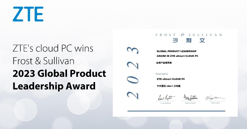 ZTEPress's tweet photo. We're thrilled to share that our Cloud PC has earned the prestigious "2023 Global Product Leadership Award" from @Frost_Sullivan! 🥳🏆 This recognition underscores #ZTE's dedication to providing customers with cost-effective and efficient "end-to-end" #CloudPC solutions.