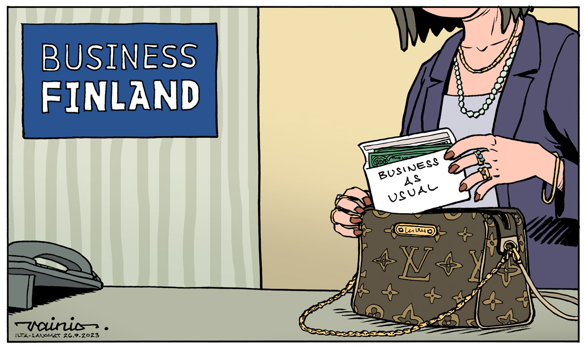 JyrkiVainio's tweet photo. Business Finlandin "Leena". Onneksi Suomessa ei ole korruptiota! Ajatelkaa, kuinka ikävää tämä meno silloin olisi! Ilta-Sanomat, 26.9.2023. #businessfinland #finnpro https://t.co/Gnys2sEKIW