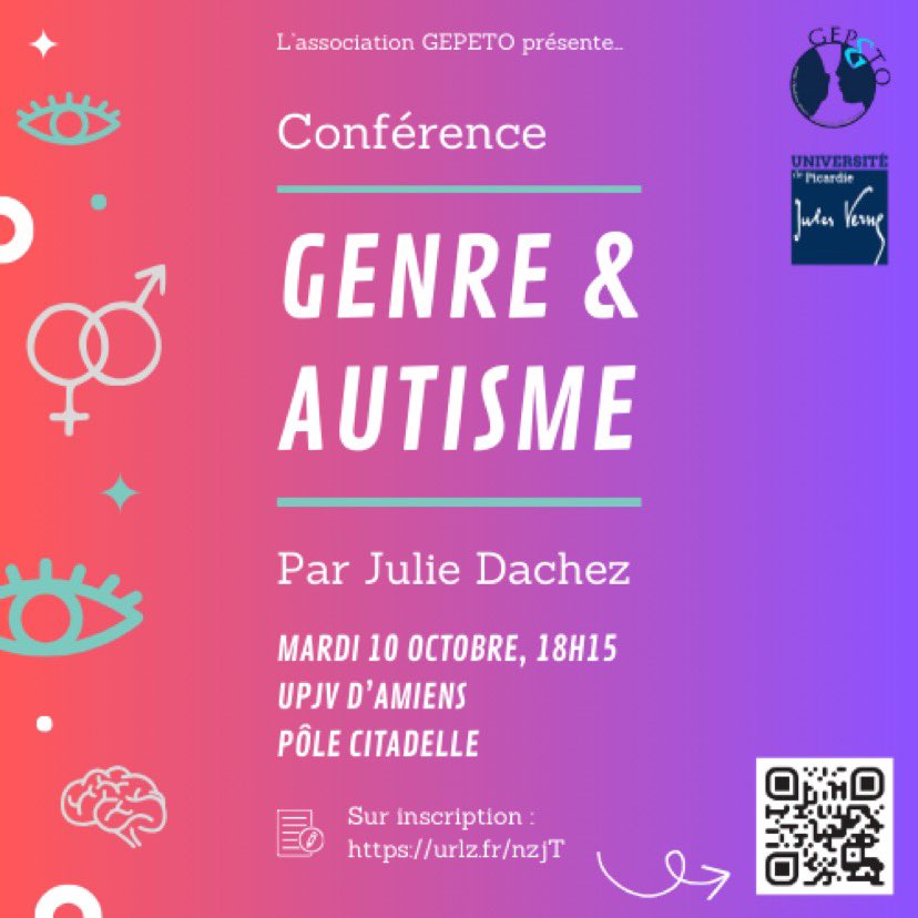 ✨ GEPETO vous invite à la conférence « Genre et autisme » de @Julie_Dachez, docteure en psychologie sociale, militante pour les droits des personnes autistes et autrice de « La différence invisible » 📌 Rendez-vous le mardi 10 octobre au pôle Citadelle de l’@UPJV_Univ !