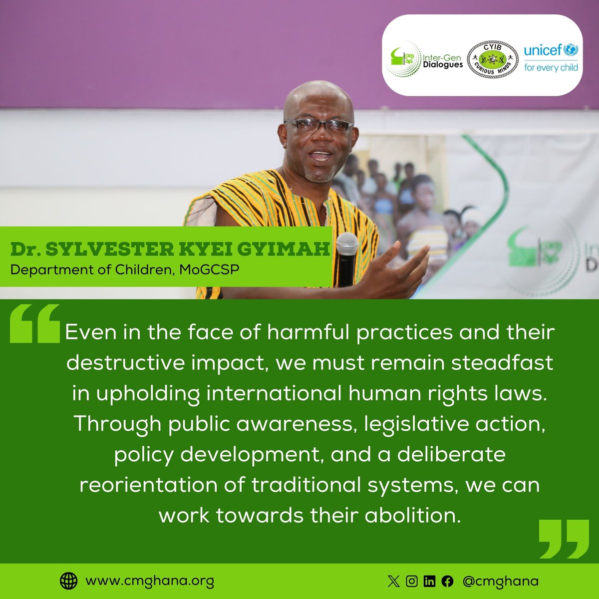 cmghana's tweet photo. Dr. Sylvester Kyei Gyimah of @MoGCSP_Ghana iterates how imperative it is to not relent with efforts employed by various stakeholders to #EndHarmfulPractices. 

#CMGhana #HumanRights #InterGenDialogues https://t.co/7QfOi3aYNw